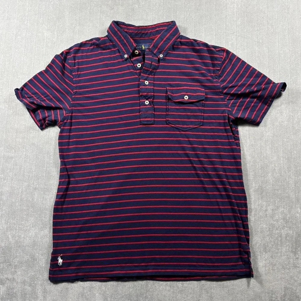 Ralph Lauren Mens Blue Red Striped Short Sleeve Pocket Polo Shirt Size L
